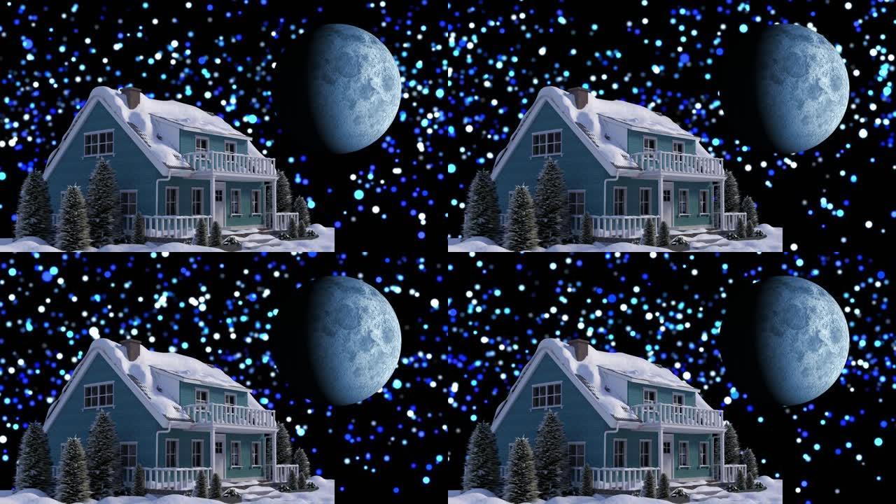 带有房子，蓝色斑点和月亮的冬季圣诞节风景动画