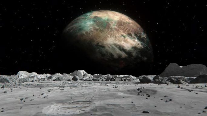 从月球表面看太空行星。月球表面，散布着小石头和沙子。飞越月球陨石坑。概念空间抽象背景。
