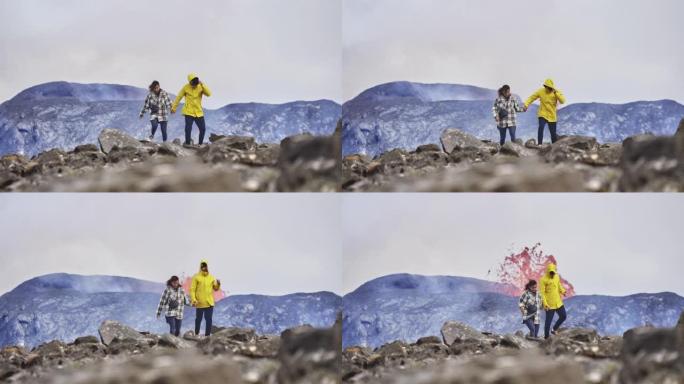 岩石场上的游客和从火山出来的鲜红色岩浆的一瞥