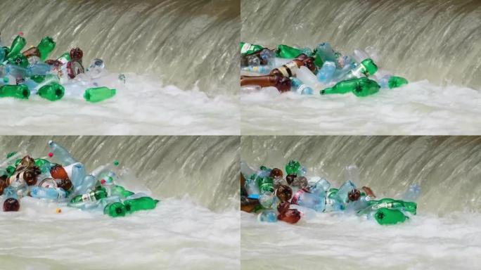 河水中的塑料瓶和垃圾。