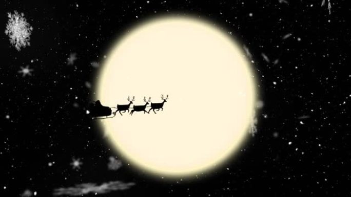 雪落在雪橇上的圣诞老人上，被驯鹿拉着月亮和雪花漂浮着