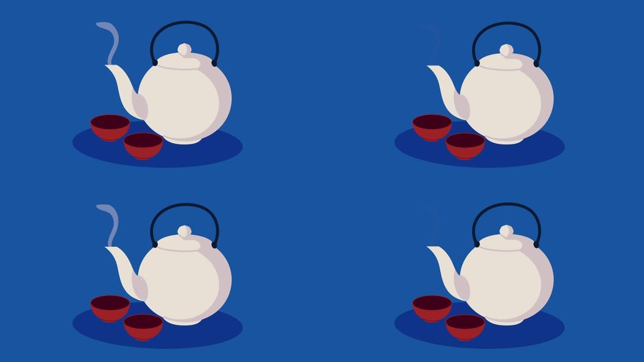 带茶壶和茶杯的韩国文化动画