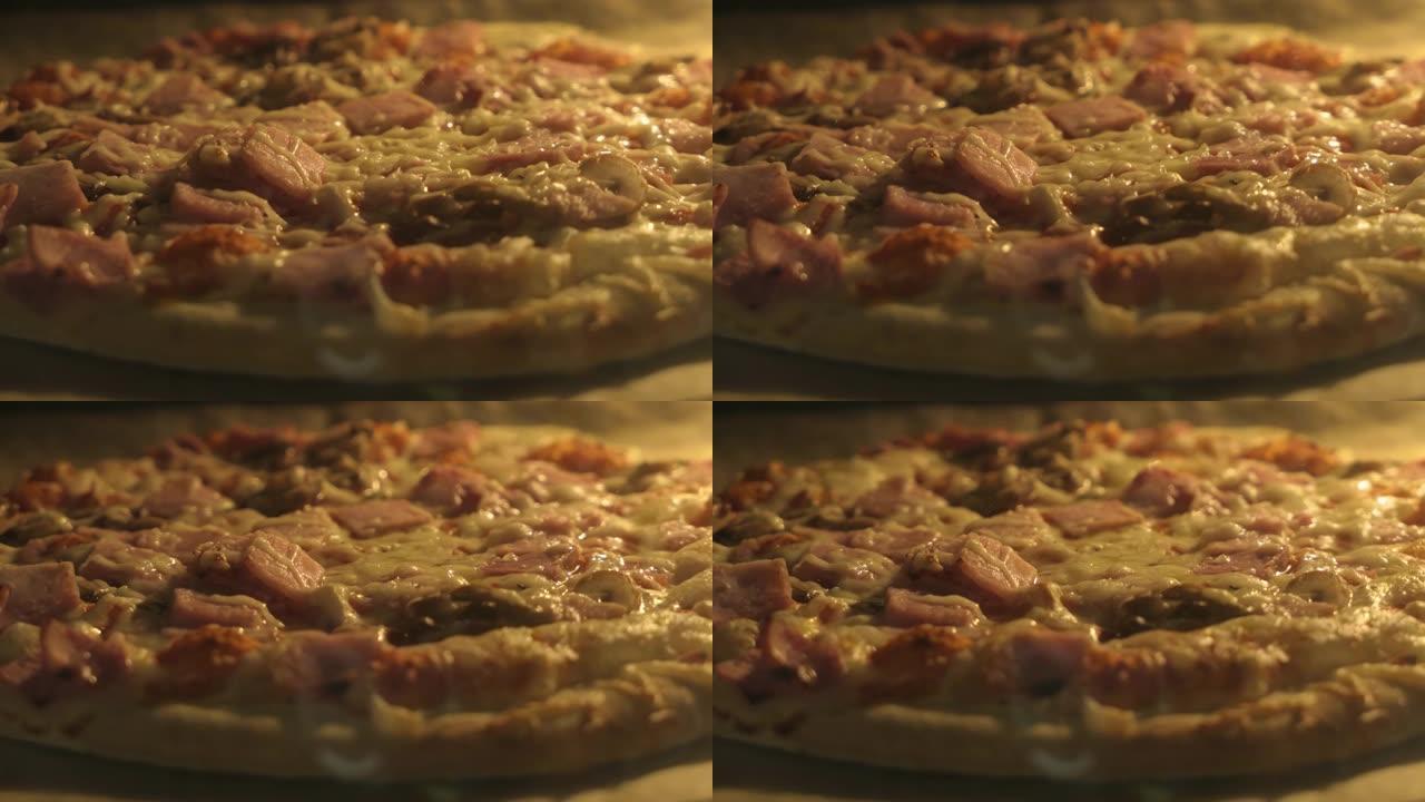 延时奶酪披萨在烤箱里烹饪。披萨上的奶酪融化特写。特写在烤箱里煮冷冻披萨。快餐不健康饮食胆固醇。在电炉