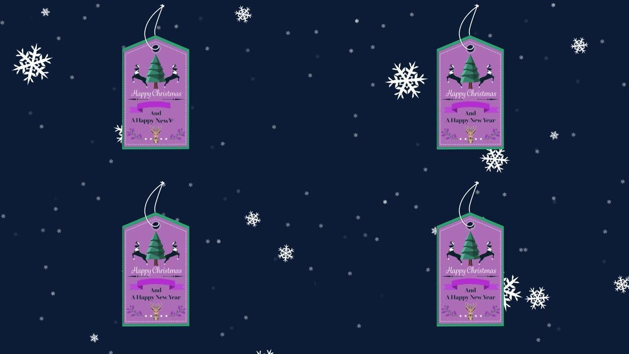 在海军背景上落雪的标签上的圣诞节问候动画
