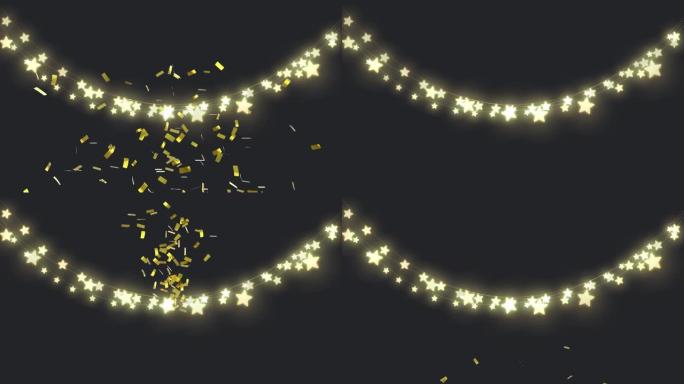 圣诞仙女灯和五彩纸屑落在黑色背景上的动画
