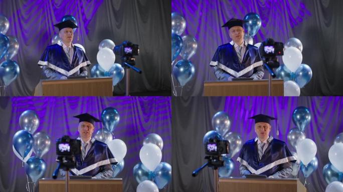 在线毕业，由于气球的检疫和流行背景，学院的成年男性校长通过视频链接向学生展示文凭的仪式部分