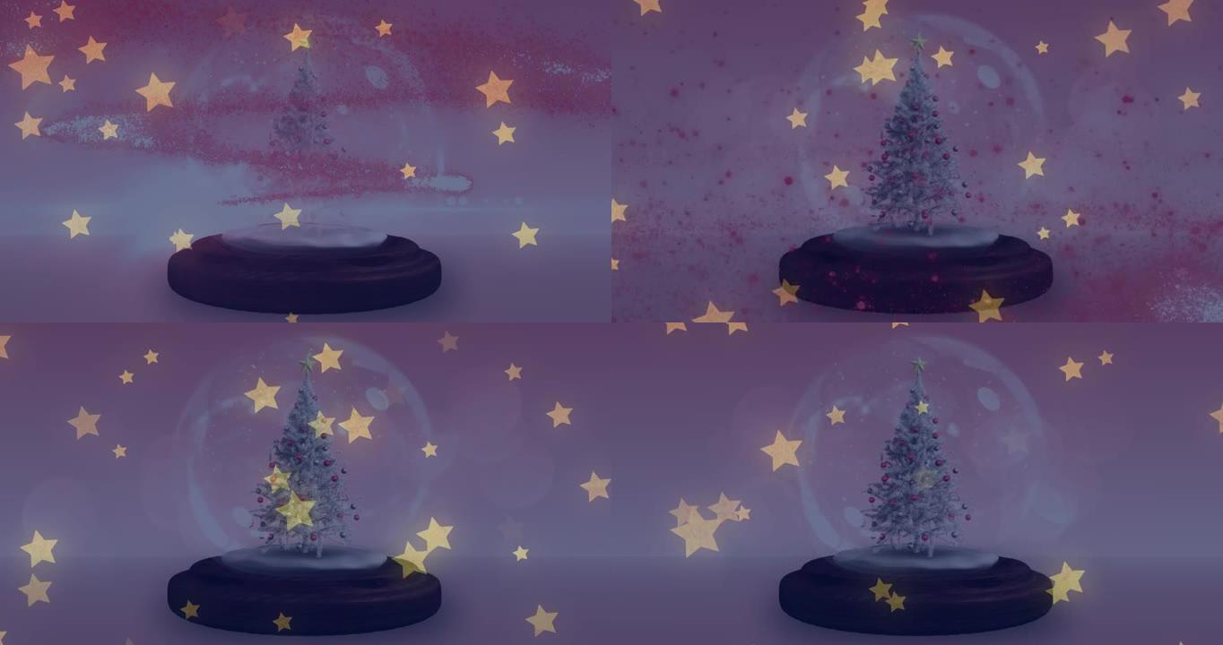 灰色背景上的星星掉落在雪球上的动画