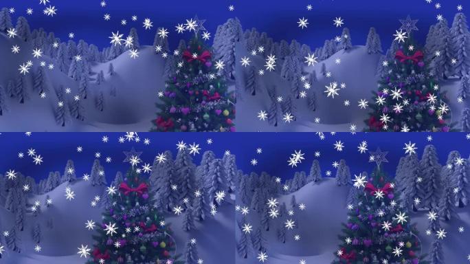 圣诞树和雪落在冬季景观上的动画