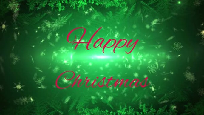 绿色背景上飘落的雪上的圣诞节快乐文字动画