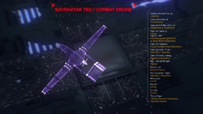 Bayraktar tb2。土耳其无人作战飞行器。数字未来3d模型转盘动画和技术规范。先进技术概念可