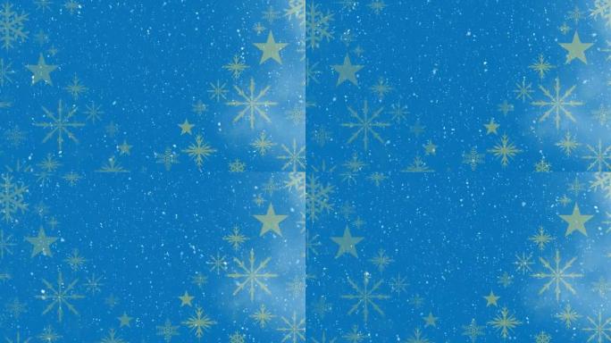 蓝色背景上雪花和星星落下的动画