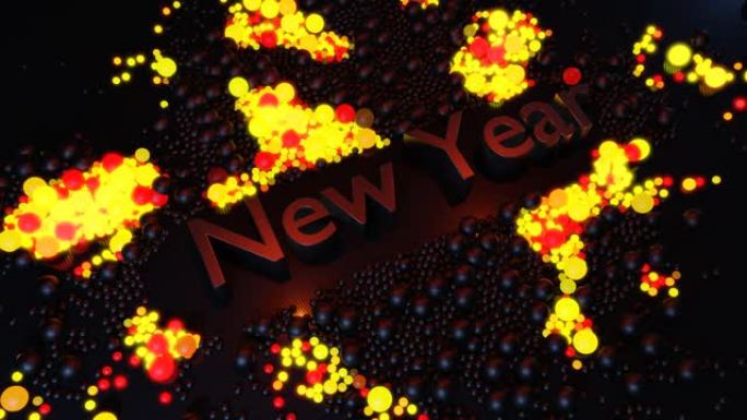 3D新年环形背景，刻有新年和花环，散落在平面上的球体点亮，形成美丽的图案。彩光闪烁的波浪。圣诞卡的霓