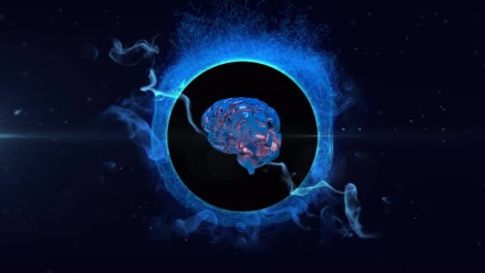 人脑在黑色背景上针对蓝色数字波旋转的数字动画