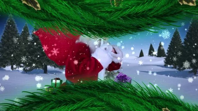 雪和圣诞老人的动画，在圣诞树和冬季景观上有一袋礼物
