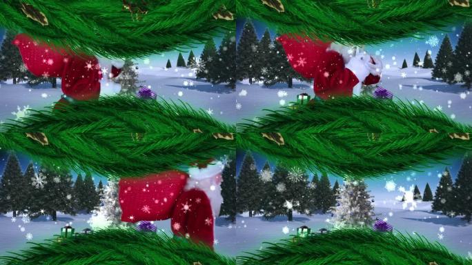 雪和圣诞老人的动画，在圣诞树和冬季景观上有一袋礼物