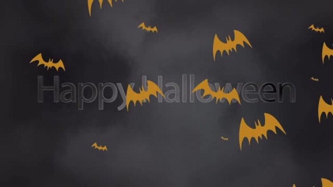万圣节快乐的动画在暴风雨的天空上飞翔的蝙蝠上