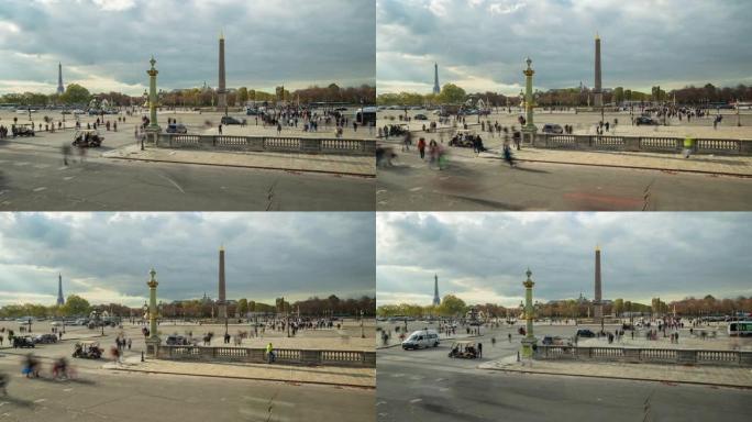 协和广场和卢克索方尖碑的视图，包括埃菲尔铁塔和巴黎香榭丽舍大道-4k延时