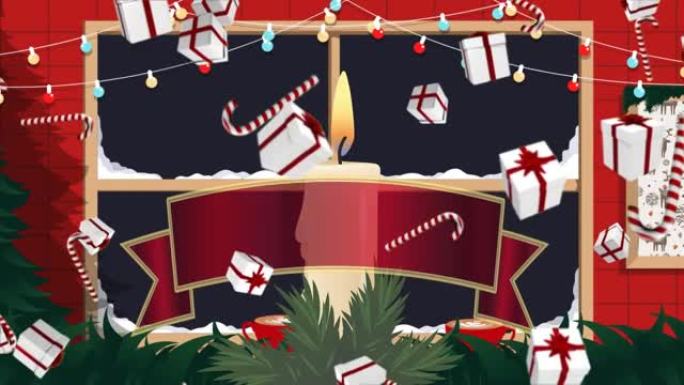 圣诞节装饰品和礼物掉落的节日快乐文字动画