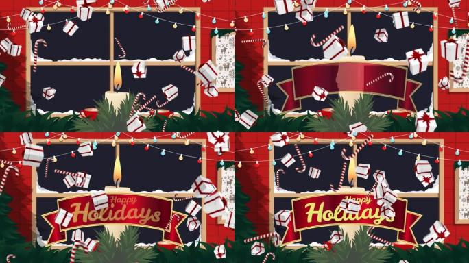 圣诞节装饰品和礼物掉落的节日快乐文字动画