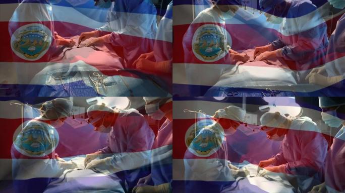 哥斯达黎加国旗在手术室挥舞着外科医生的动画