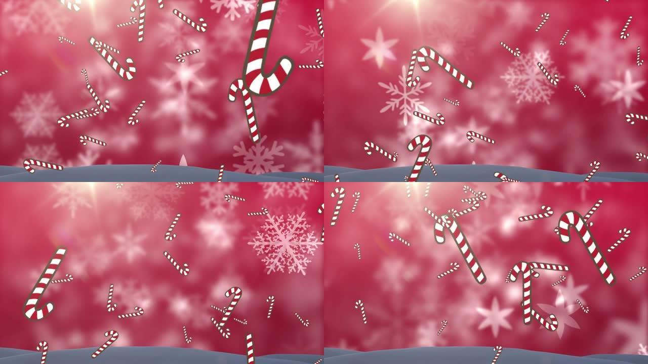 红色背景上掉落的糖果和雪的动画