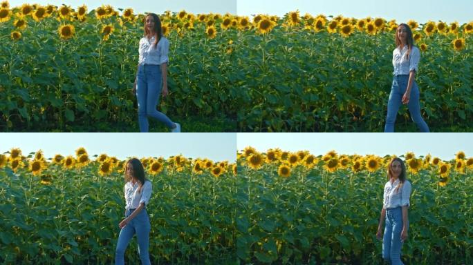 美丽的女孩沿着向日葵的田野散步，金黄绽放的向日葵花朵。可爱的女孩沿着田野的小路走，她很高兴。4k，普