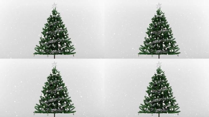 白色背景上的雪花落在圣诞树上的动画