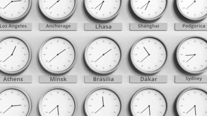时钟显示巴西巴西利亚不同时区的时间。3D动画