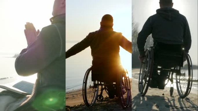 拼贴残疾人用圣经祈祷，残疾人在日落时举手，残疾人坐在轮椅上在沙滩上骑行