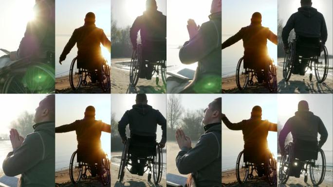 拼贴残疾人用圣经祈祷，残疾人在日落时举手，残疾人坐在轮椅上在沙滩上骑行