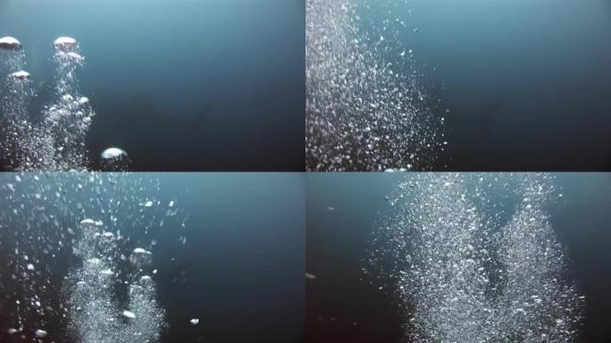 水面上令人惊叹的海洋景观背景中的潜水员的水泡。