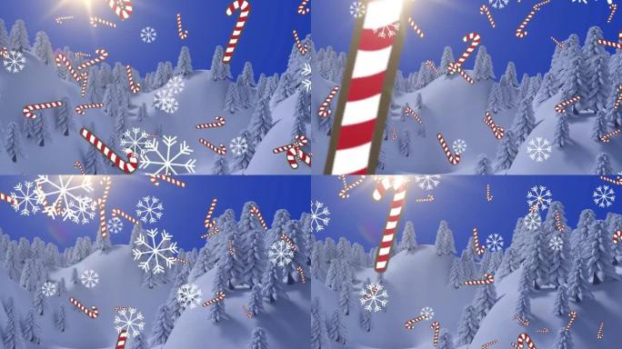 冬季景观中掉落在杉树上的雪和拐杖的动画