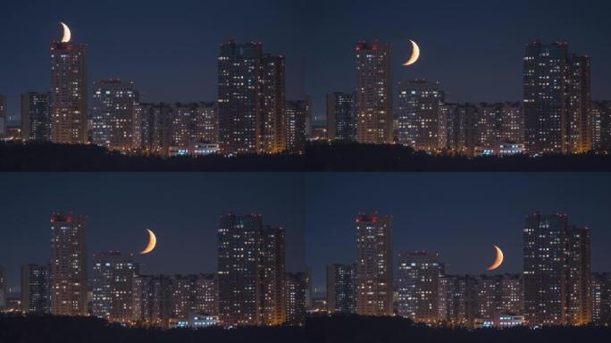 城市上空美丽的月亮，时光倒流
