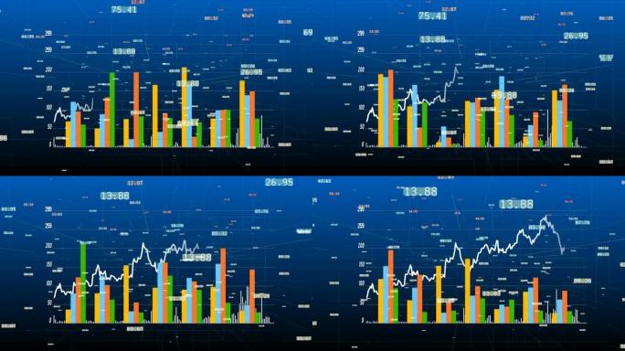 4k增长财务图表、商业数据趋势图、数字墙、互联网技术