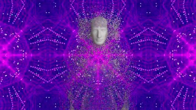 紫色万花筒图案背景上爆炸粒子形成的人体动画
