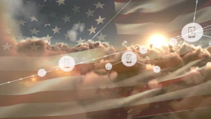 美国国旗和云上的智能手机图标连接网络动画