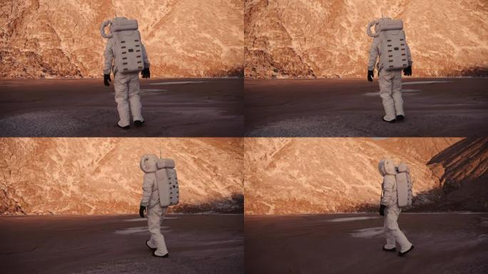 宇航员走向小山。宇航员正在一个未知的星球上行走
