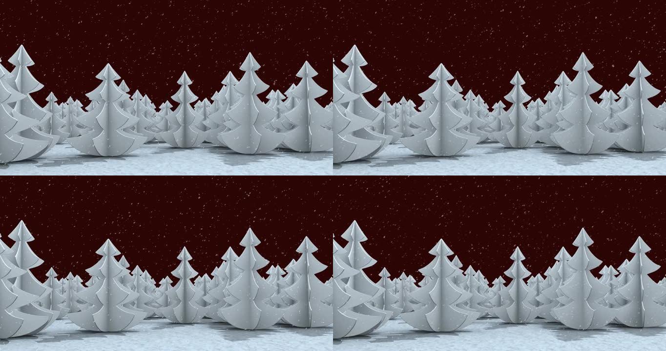 白杉树上的积雪和冬季景观的动画