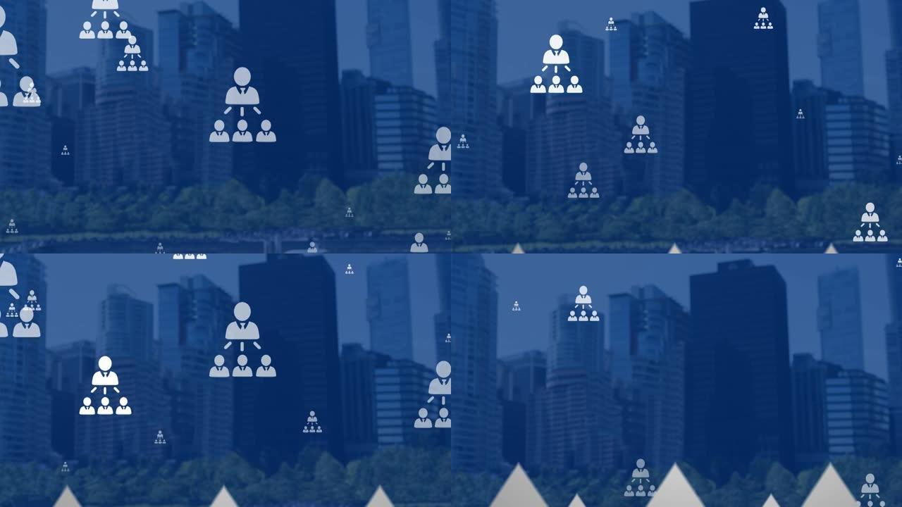 城市景观上带有图标的连接网络动画