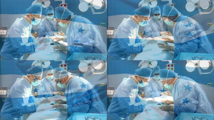 洪都拉斯国旗在手术室挥舞着外科医生的动画