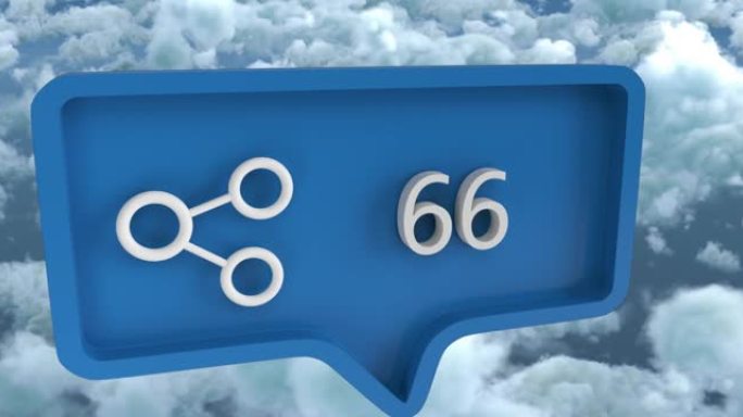 心脏的动画与数字共享图标在天空和云上的语音气泡