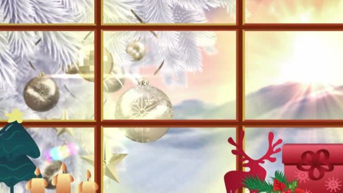 透过窗户看到圣诞树的冬季圣诞节场景动画