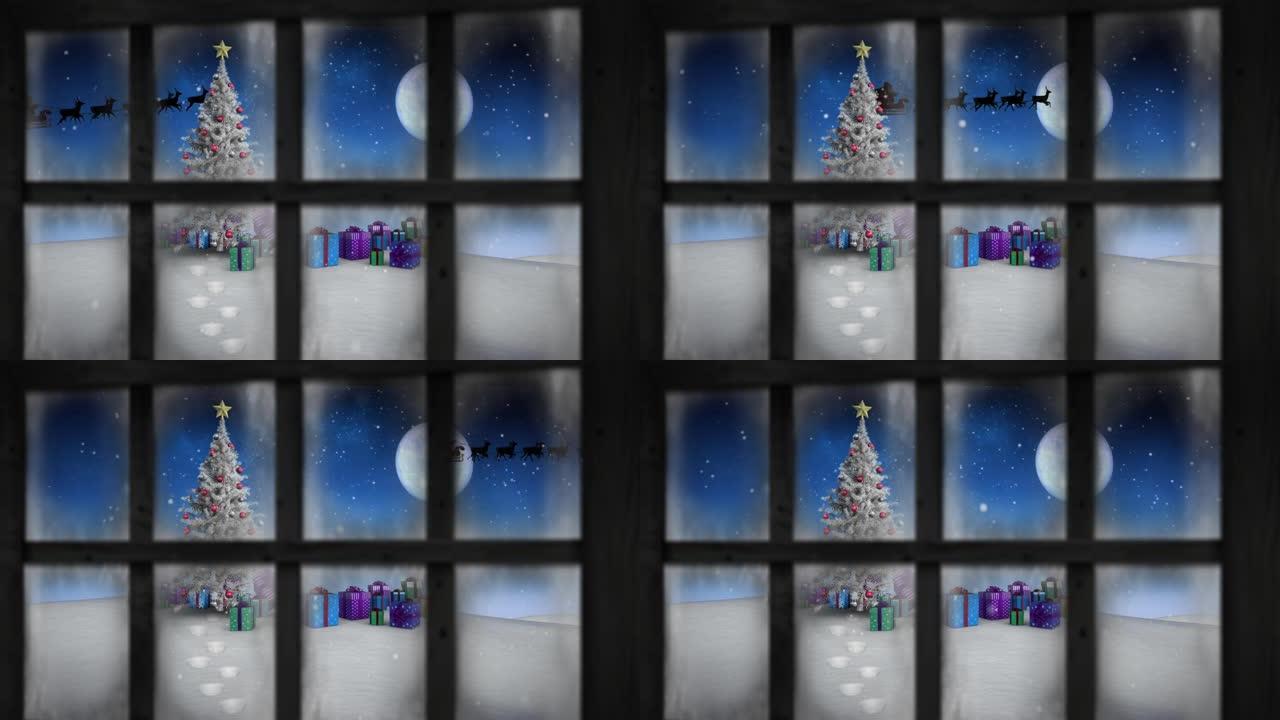 窗户视图和圣诞节装饰的动画