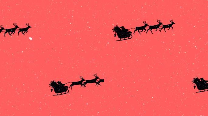 雪落在雪橇上的圣诞老人的剪影上，被驯鹿拉在橙色背景上