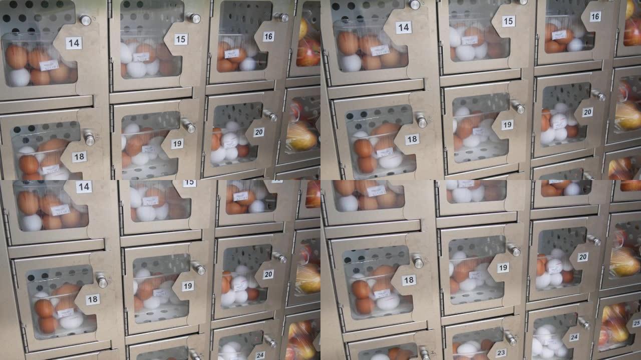 出售白色和棕色鸡蛋的自动机器。出售含有新鲜鸡蛋的特殊细胞