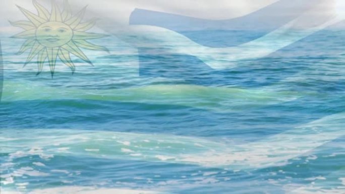 数字组成的乌拉圭旗帜挥舞对海中的波浪鸟瞰图