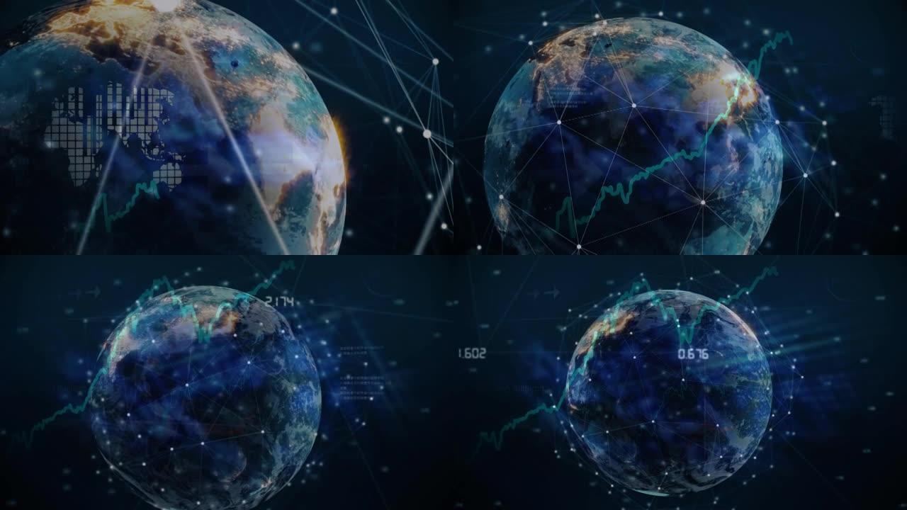 黑色背景上的全球联系网络和金融统计动画