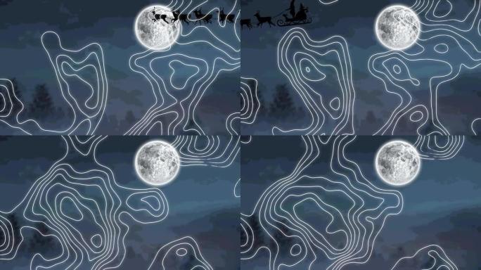 圣诞老人在雪橇上的动画，驯鹿在白线和月亮上
