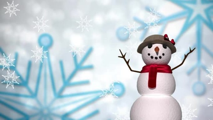 白色背景上雪花飘落在雪人身上的动画