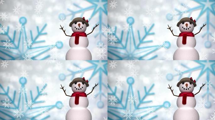 白色背景上雪花飘落在雪人身上的动画